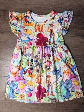 Disney Characters Multicolor Girls' Cotton Stretch Flutter Sleve Dress Size 4T